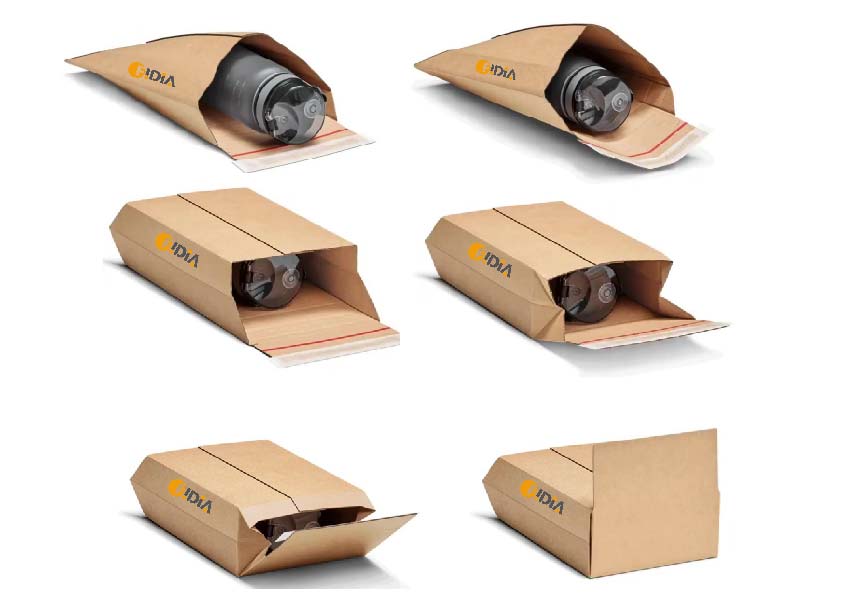 Erweiterbare Kartonversandtasche flach, teilweise erweitert und vollständig geöffnet um ein Produkt